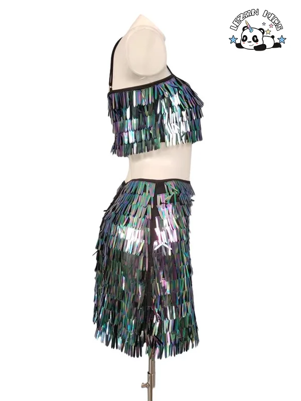 LEZONKIDS - Conjuntos de Roupas para Meninas Brilhantes com Top Halter e Saia com Lantejoulas Coloridas Especialmente Projetados